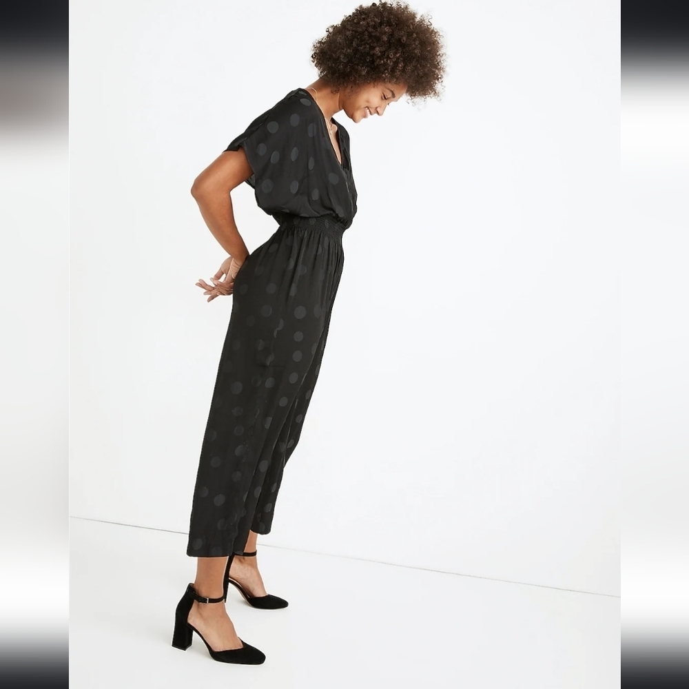 ❤️ MADEWELL WRAP FRONT SMOCK-WAIST JUMPSUIT IN SATIN DOT JACQUARD, XXS - Picture 3 of 13